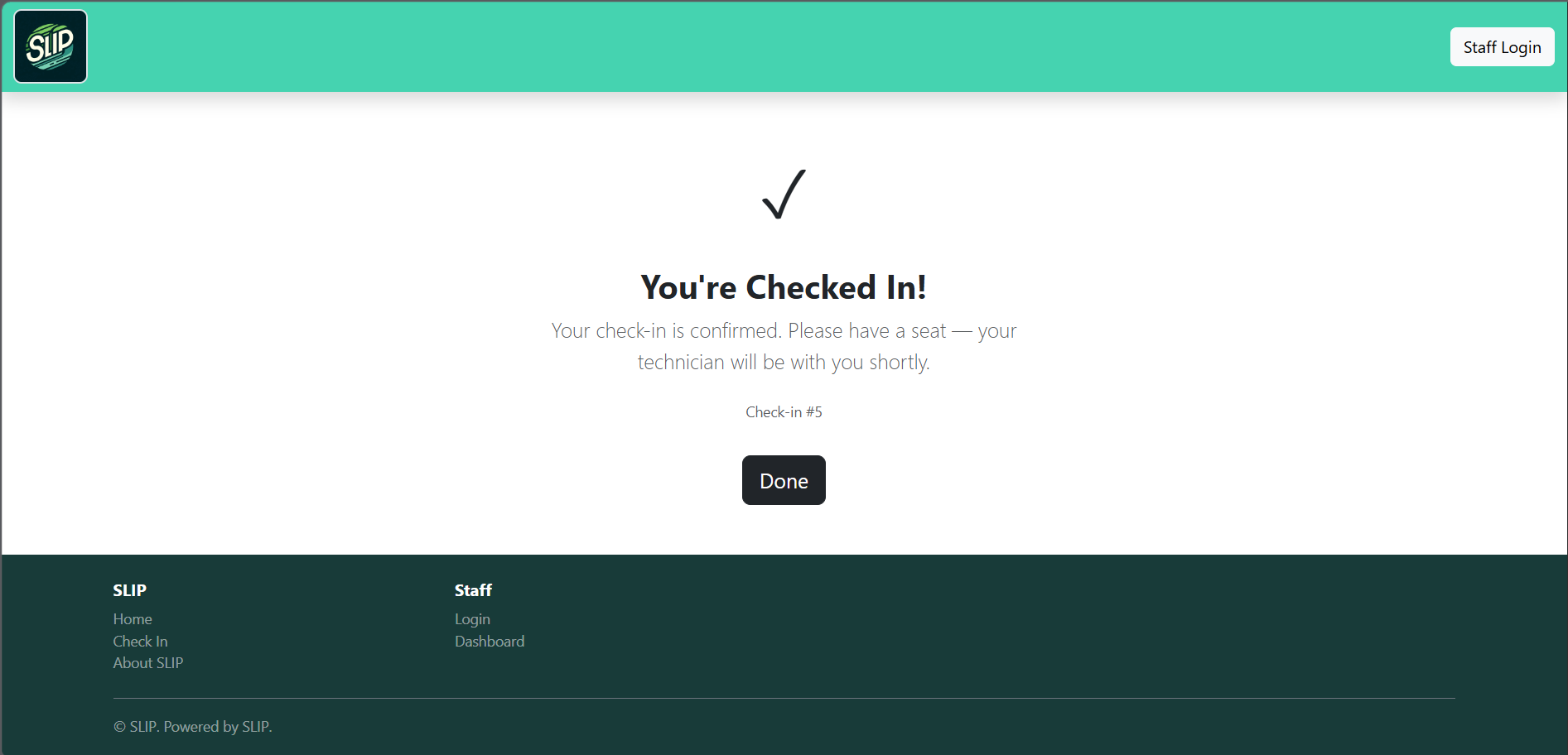 Check-in confirmation screen